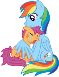 Size: 977x1284 | Tagged: safe, artist:gammaespeon, rainbow dash, scootaloo, pegasus, pony, g4, bruised, comforting, crying, duo, duo female, female, filly, foal, hug, injured, mare, scootalove, simple background, transparent background, winghug