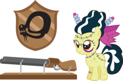 Size: 2149x1413 | Tagged: safe, artist:trotsworth, apple bloom, earth pony, pony, story of the blanks, g4, bride of frankenstein, clothes, costume, filly, frankenstein, gun, simple background, transparent background