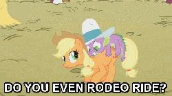 Size: 600x338 | Tagged: safe, edit, edited screencap, screencap, applejack, spike, dragon, earth pony, pony, fall weather friends, g4, animated, bucking, cowboy hat, do you even lift, dragons riding ponies, duo, duo male and female, female, hat, image macro, male, mare, meme, out of context, riding, spike riding applejack, spikeposting