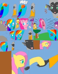 Size: 2515x3209 | Tagged: safe, artist:pokeneo1234, applejack, fluttershy, pinkie pie, rainbow dash, rarity, twilight sparkle, g4, chaotic, comic, crossover, raznus, request