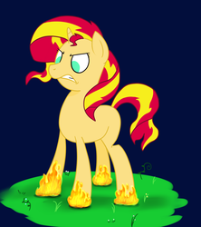 Size: 1000x1128 | Tagged: safe, artist:feralroku, sunset shimmer, pony, unicorn, g4, angry, female, fiery shimmer, fire, solo