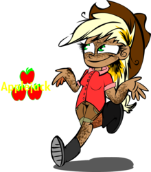 Size: 1177x1336 | Tagged: safe, artist:mushroomcookiebear, applejack, human, g4, boots, female, freckle overload, freckles, humanized, messy hair, shrug, solo, tan