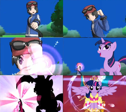 Size: 796x714 | Tagged: safe, twilight sparkle, alicorn, charizard, human, pony, g4, calem, clothes, crown, dress, female, hat, mare, mega evolution, pokémon, pokémon x and y, sunglasses, twilight sparkle (alicorn)