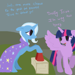 Size: 500x500 | Tagged: safe, artist:autumnbramble, trixie, twilight sparkle, alicorn, pony, g4, female, mare, rejection, sad, shell game, twilight sparkle (alicorn)