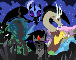 Size: 1008x792 | Tagged: safe, artist:jadedjynx, discord, king sombra, nightmare moon, queen chrysalis, alicorn, changeling, changeling queen, draconequus, pony, unicorn, g4, antagonist, crystal, dark crystal, eyes closed, female, group, paper, quartet