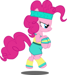 Size: 1725x1934 | Tagged: safe, artist:echoes111, pinkie pie, earth pony, pony, g4, bipedal, clothes, exercise, female, headband, leg warmers, mare, shorts, simple background, solo, sports, transparent background, workout, workout outfit, wristband