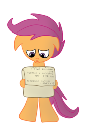 Size: 1479x2058 | Tagged: safe, artist:iados, scootaloo, pony, g4, bipedal, diagnosis, female, floppy ears, italian, italian text, paper, sad, scootaloo can't fly, solo, translated in the comments