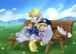 Size: 3650x2603 | Tagged: safe, artist:pridark, derpy hooves, dinky hooves, pony, g4, bag, bench, clothes, cute, drink, drinking, equestria's best mother, filly, grass, hat, hoof hold, hug, juice, juice box, letter, mail, mailbag, mailmare, mailpony, muffin, sitting, smiling, spread wings, straw, underhoof, winghug
