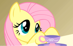 Size: 1192x748 | Tagged: safe, screencap, fluttershy, pegasus, pony, a bird in the hoof, g4, cute, female, mare, shyabetes, solo, tea, teacup