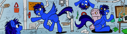 Size: 2542x682 | Tagged: safe, oc, oc only, pegasus, pony, beakers, blue, chemistry, clone, cutie mark, fuzzywuff, grin, headphones, lab, laboratory, pixeltripper, replica, smoke, spill, toon, tubes, warning, wings