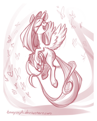 Size: 800x1000 | Tagged: safe, artist:bronyseph, fluttershy, butterfly, g4, animal, female, flying, monochrome, singing, solo