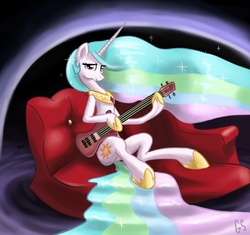 Size: 2000x1877 | Tagged: safe, artist:gsphere, princess celestia, alicorn, pony, g4, bass guitar, couch, female, guitar, musical instrument, sitting, solo