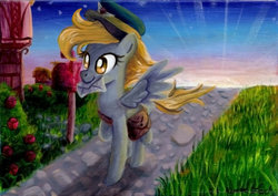 Size: 1024x723 | Tagged: safe, artist:linkslove, derpy hooves, pegasus, pony, g4, acrylic painting, cap, female, hat, letter, mailbag, mailbox, mare, rose, solo, sunrise, traditional art