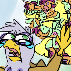 Size: 500x500 | Tagged: safe, artist:amphasaurus-rex, scootaloo, oc, oc:full mane, oc:griffith, griffon, g4, bloodshot eyes, emf scootaloo, in-joke, katamari damacy, male