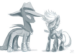 Size: 1024x745 | Tagged: safe, artist:grissaecrim, derpy hooves, mare do well, princess luna, pegasus, pony, g4, female, konami, mare, metal gear, metal gear rising, monochrome, raiden