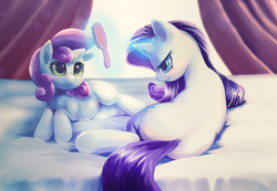 Size: 1500x1036 | Tagged: safe, artist:apricolor, rarity, sweetie belle, pony, unicorn, g4, beautiful, bed, blushing, brushie, butt, comb, curtains, female, filly, grooming, lidded eyes, magic, mare, on side, plot, sisters, smiling