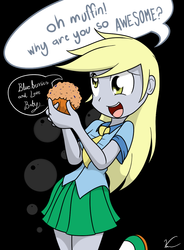 Size: 863x1175 | Tagged: safe, artist:sandwich-anomaly, derpy hooves, equestria girls, g4, cute, derpabetes, dialogue, female, muffin, solo, speech bubble, that pony sure does love muffins
