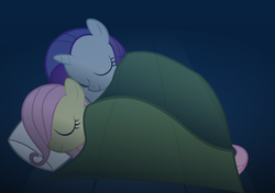 Size: 934x656 | Tagged: safe, artist:zacatron94, fluttershy, rarity, g4, blanket, filly, sleeping