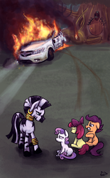 Size: 1280x2070 | Tagged: safe, artist:sevoohypred, apple bloom, scootaloo, sweetie belle, zecora, zebra, g4, car, crash, cutie mark crusaders, dodge (car), dodge journey, fire