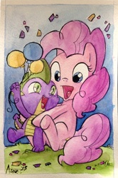 Size: 1000x1507 | Tagged: safe, artist:agnes garbowska, pinkie pie, spike, g4, official, cover, traditional art