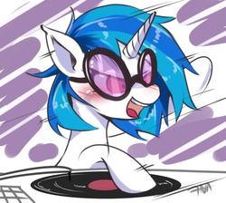 Size: 700x628 | Tagged: safe, artist:hua, dj pon-3, vinyl scratch, g4, blushing, female, solo, turntable