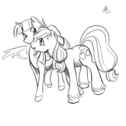 Size: 1200x1200 | Tagged: dead source, safe, artist:rwl, applejack, twilight sparkle, alicorn, pony, g4, female, grayscale, lesbian, mare, monochrome, ship:twijack, shipping, twilight sparkle (alicorn), unshorn fetlocks