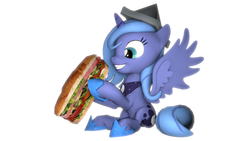 Size: 1920x1080 | Tagged: safe, artist:drdicksamazingstick, princess luna, g4, 3d, cartographer's cap, cute, female, filly, food, hat, sandwich, simple background, sitting, smiling, solo, source filmmaker, woona, younger