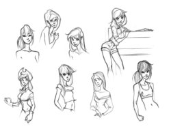 Size: 1029x777 | Tagged: safe, artist:ancalinar, applejack, fluttershy, rainbow dash, human, g4, clothes, daisy dukes, gloves, humanized, monochrome, off shoulder, shorts, sketch dump