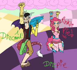 Size: 1024x929 | Tagged: safe, artist:cheshireparadox, discord, pinkie pie, human, g4, barefoot, chaos, discorded landscape, eared humanization, feet, horn, horned humanization, humanized, tailed humanization, winged humanization