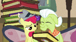 Size: 1280x720 | Tagged: safe, screencap, apple bloom, granny smith, g4, ponyville confidential, animated, book, couch, duo, female, grandmother and grandchild, photo album, smiling