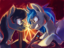 Size: 1600x1200 | Tagged: safe, artist:graypaint, dj pon-3, octavia melody, vinyl scratch, g4, angry, backlighting, cello, musical instrument
