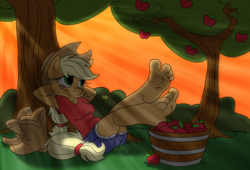 Size: 1280x868 | Tagged: safe, artist:grinning-alex, artist:kuroi-wolf, applejack, earth pony, anthro, plantigrade anthro, g4, apple, barefoot, boots, breasts, clothes, crepuscular rays, feet, female, fetish, foot fetish, foot focus, hat, orchard, resting, solo, tree