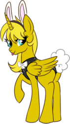 Size: 314x552 | Tagged: safe, artist:lulubell, oc, oc only, oc:ticket, alicorn, pony, alicorn oc, blushing, bunny suit, butt, clothes, female, leotard, looking back, mare, plot, simple background, solo, tongue out, transparent background