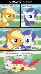 Size: 1600x2830 | Tagged: safe, artist:loceri, apple bloom, applejack, rarity, sweetie belle, comic:summer's end, g4, back to school, comic, dialogue, dragging, magic, pure unfiltered evil, rope, school term, sisters, slice of life, tail pull, united states