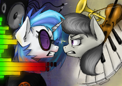 Size: 3507x2480 | Tagged: safe, artist:somnias, dj pon-3, octavia melody, vinyl scratch, g4, angry, cello, glasses, music, musical instrument, piano, rivalry, trumpet