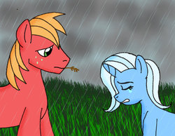 Size: 900x699 | Tagged: artist needed, safe, artist:dragon-wing-z, big macintosh, trixie, earth pony, pony, unicorn, g4, crack shipping, crying, female, male, mare, rain, shipping, stallion, straight, trixmac