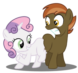 Size: 950x888 | Tagged: safe, artist:jcking101, edit, button mash, sweetie belle, g4, base used, butt bump, butt to butt, butt touch, female, grin, gritted teeth, male, no tail, recolor, ship:sweetiemash, shipping, smiling, straight, teeth