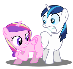 Size: 948x900 | Tagged: safe, artist:jcking101, edit, princess cadance, shining armor, alicorn, pony, unicorn, g4, base used, butt bump, butt to butt, butt touch, colt, colt shining armor, female, filly, filly cadance, grin, gritted teeth, male, no tail, ship:shiningcadance, shipping, smiling, straight, teeth, younger
