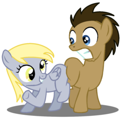 Size: 988x932 | Tagged: safe, artist:jcking101, edit, derpy hooves, doctor whooves, time turner, earth pony, pegasus, pony, g4, base used, butt bump, butt to butt, butt touch, colt, colt doctor whooves, female, filly, filly derpy, grin, gritted teeth, male, no tail, ship:doctorderpy, shipping, smiling, straight, teeth, younger
