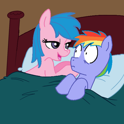 Size: 500x499 | Tagged: safe, artist:jcking101, artist:madmax, edit, firefly, rainbow blaze, pony, g1, g4, aftersex ponies, bed, female, implied sex, male, morning after, pillow, recolor, ship:fireblaze, shipping, straight, surprised, wide eyes