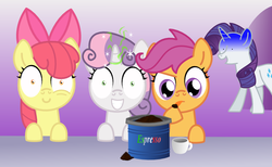 Size: 752x462 | Tagged: safe, artist:changeling #209458, apple bloom, rarity, scootaloo, sweetie belle, pony, unicorn, g4, coffee, cutie mark crusaders, espresso, eye twitch, female, filly, hidden eyes, horn, magic, mare, scared, shrunken pupils, sparking horn, wide eyes, xk-class end-of-the-world scenario