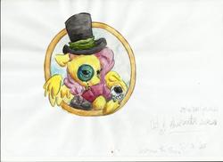 Size: 2338x1700 | Tagged: safe, artist:394vikingpinkiepie, angel bunny, fluttershy, g4, clothes, glasses, hat, monocle, traditional art