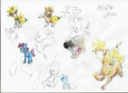 Size: 2338x1700 | Tagged: safe, artist:394vikingpinkiepie, applejack, oc, oc:goldrush, g4, magical lesbian spawn, offspring, parent:applejack, parent:rarity, parents:rarijack, traditional art