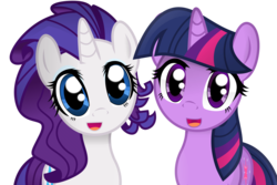 Size: 1200x800 | Tagged: safe, artist:coltsteelstallion, rarity, twilight sparkle, pony, unicorn, g4, :d, best friends, best friends forever, best unicorns friends forever, bff, cute, duo, duo female, female, looking at you, mare, messy mane, open mouth, raribetes, simple background, transparent background, twiabetes, unicorns friends forever, vector