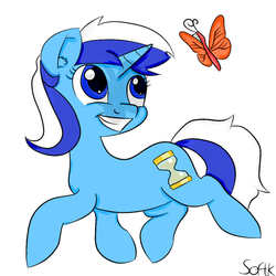 Size: 1000x1000 | Tagged: safe, artist:softkityonfire, minuette, butterfly, pony, unicorn, g4, butterbrush, female, solo