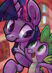 Size: 700x980 | Tagged: safe, artist:zestyoranges, spike, twilight sparkle, g4, :d, bust, duo, happy, looking at each other, looking at someone, open mouth, open smile, smiling