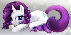 Size: 1636x811 | Tagged: safe, artist:eiolf, rarity, pony, unicorn, g4, female, looking at you, looking back, looking back at you, mane, prone, solo, sparkly eyes