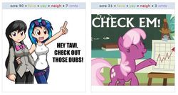 Size: 534x287 | Tagged: safe, cheerilee, dj pon-3, octavia melody, vinyl scratch, human, g4, check em, exploitable meme, humanized, juxtaposition, juxtaposition win, meme, meta