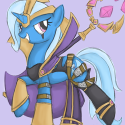 Size: 700x700 | Tagged: safe, artist:kittynumber7, trixie, pony, unicorn, g4, clothes, costume, female, grin, league of legends, leblanc, mare, parody, solo, staff