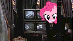 Size: 360x203 | Tagged: safe, edit, pinkie pie, human, parasprite, g4, swarm of the century, angry, animated, female, gif, irl, male, musical instrument, photo, pinkie montana, say hello to my little friend, scarface, shooting, trumpet